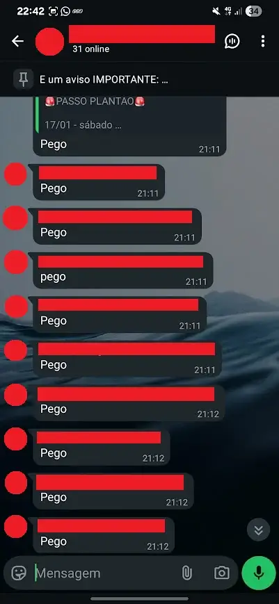 Print de grupo do WhatsApp com mais de dez respostas 'Pego' em menos de um minuto